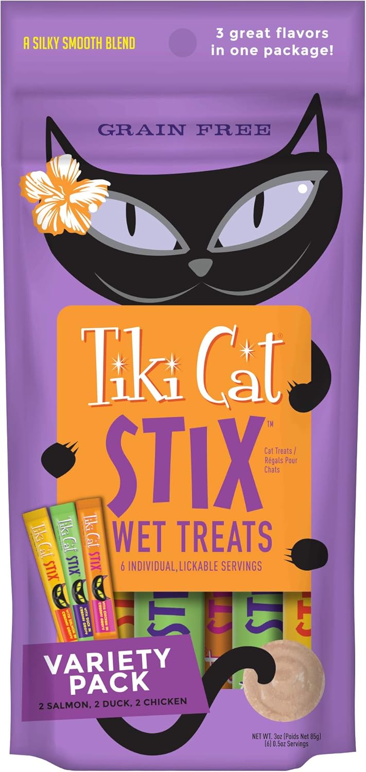 Tiki Cat Stix Wet Treats, Grain Free Lickable Smooth Mousse Blend in Creamy Gravy, Variety Pack 6 Stix 1 Pouch