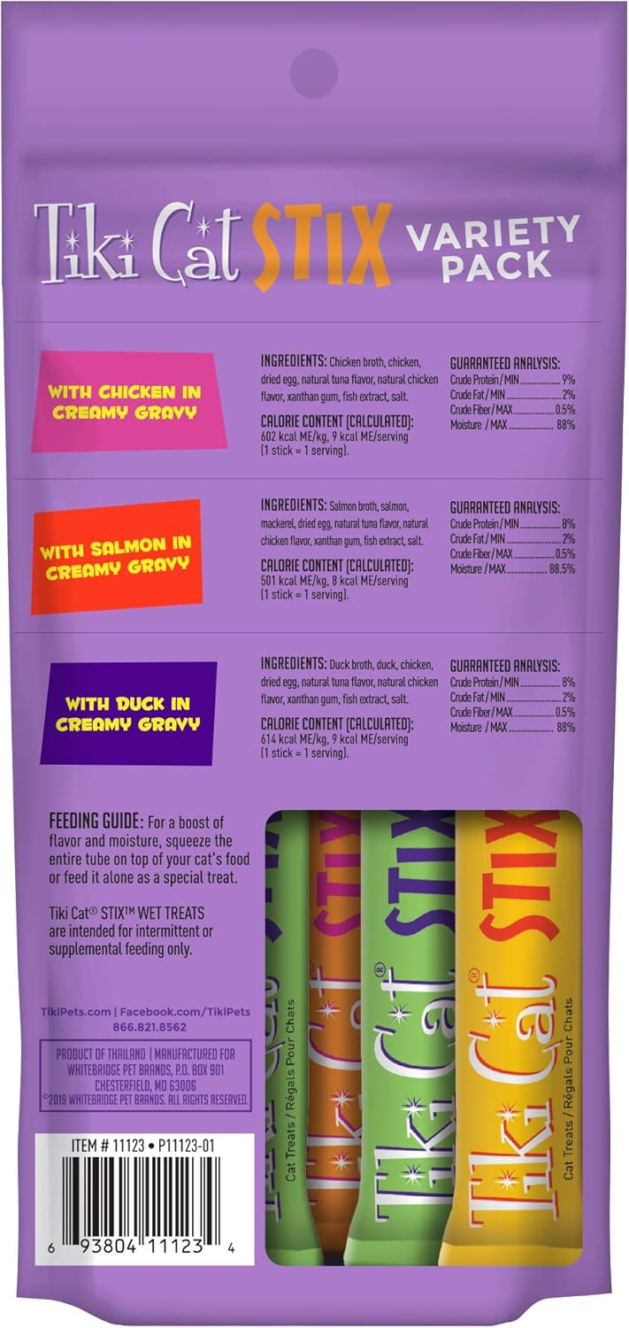 Tiki Cat Stix Wet Treats, Grain Free Lickable Smooth Mousse Blend in Creamy Gravy, Variety Pack 6 Stix 1 Pouch